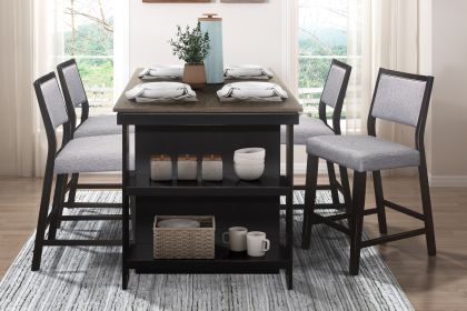 Black Finish Casual Dining 5pc Counter Height Table Set with 4x Counter Height Chairs Gray Upholstered Kitchen Breakfast Furniture