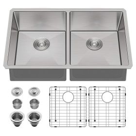 32" L X 19" W Undermount 50/50 Double Bowl 16 Gauge 304 Stainless Steel Kitchen Sink With Sink Grid