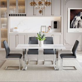 Table and chair set.63*31.4 Inch Snow Mountain White Sintered Stone Dining Table Set - 4 Dark Gray High-quality PU Chairs With Arched Metal Legs.Perfe