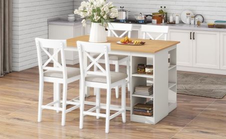 TOPMAX 60"Lx30"W Solid Wood Farmhouse Counter Height Dining Table Set with 3-Tier Storage Shelves, Upholstered Dining Chairs for 4, 5-Piece, White