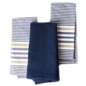 Decorative Kitchen Towels Set of 3 Recycled Cotton Waffle Weave Dish Towels for Drying Dishes 28x18 inch Blue Absorbent Tea Towels Boho Stripe Design