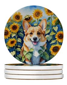 Corgi in Sunflowers Large Sandstone Coasters Pack of 4 Absorbent Round Coasters Decor Gifts for Men or Women, 4 in, Multicolor