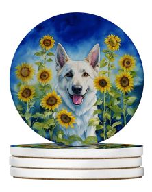 White German Shepherd in Sunflowers Large Sandstone Coasters Pack of 4 Absorbent Round Coasters Decor Gifts for Men or Women, 4 in, Multicolor