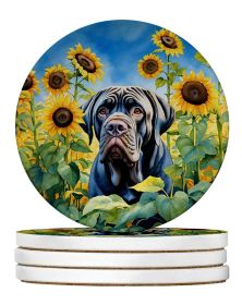 Neapolitan Mastiff in Sunflowers Large Sandstone Coasters Pack of 4 Absorbent Round Coasters Decor Gifts for Men or Women, 4 in, Multicolor