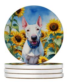 English Bull Terrier in Sunflowers Large Sandstone Coasters Pack of 4 Absorbent Round Coasters Decor Gifts for Men or Women, 4 in, Multicolor