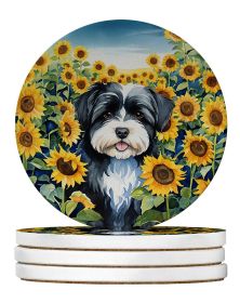 Havanese in Sunflowers Large Sandstone Coasters Pack of 4 Absorbent Round Coasters Decor Gifts for Men or Women, 4 in, Multicolor