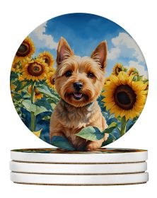 Norwich Terrier in Sunflowers Large Sandstone Coasters Pack of 4 Absorbent Round Coasters Decor Gifts for Men or Women, 4 in, Multicolor