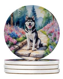 Siberian Husky Spring Path Large Sandstone Coasters Pack of 4 Absorbent Round Coasters Decor Gifts for Men or Women, 4 in, Multicolor