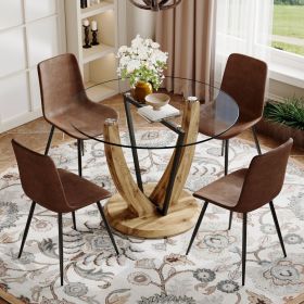 Table and chair set.A 42 Inch Diameter Round Clear Tempered Glass Dining Table - V-Shaped MDF Legs.Paired with 4 Comfortable Technology-Fabric Brown C