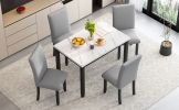 TREXM Faux Marble 5-Piece Dining Set Table with 4 Thicken Cushion Dining Chairs Home Furniture, White/Light Gray+Black