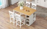 TOPMAX 60"Lx30"W Solid Wood Farmhouse Counter Height Dining Table Set with 3-Tier Storage Shelves, Upholstered Dining Chairs for 4, 5-Piece, White