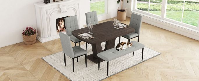 6-Piece Dining Table Set for 6, Faux Marble Table with V-shaped Legs and 4 Upholstered Chairs & Bench, Modern Dining Room Set for Kitchen, Dining (Color: as Pic)